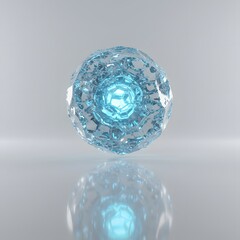Poster - Abstract sphere with a geometric crystal structure and a glowing center against a neutral background.