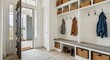 © Buluputih - Bright Entryway Mudroom: Open Door, Baskets, Hooks, and Bench Seating