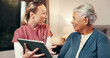 © peopleimages.com - Smile, nurse and tablet with senior woman for good news, medical report and diagnosis results. Digital, caregiver and elderly person for consultation, insurance cover and treatment progress at house