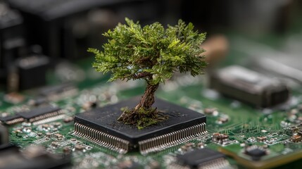 Poster - A small tree grows on a black microchip, atop a green circuit board. Shows the connection between nature and technology, a green future.