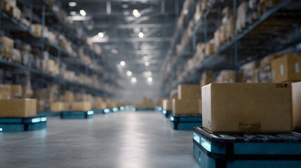 Poster - Automated robot carts sorting packages in a well lit warehouse