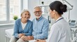 © golekduetdolaR - Smiling senior couple consults with a female doctor in a bright medical office, discussing health and treatment options.