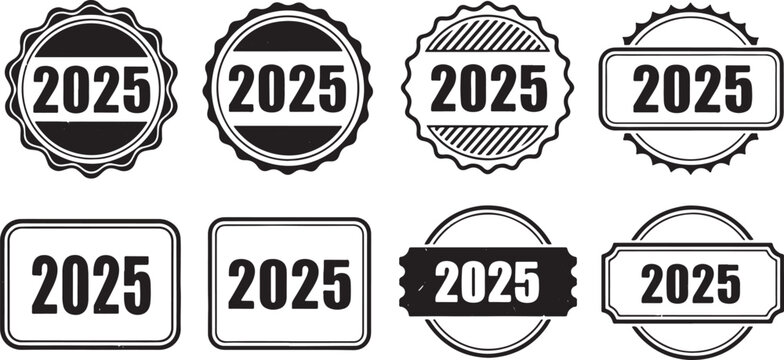 Eight Black and White 2025 Year Stamps and Seals new year, 2025, year, new year, celebration, stamp, seal, badge, emblem, label, sticker, graphic, design, element, icon, symbol, vintage, retro, round,