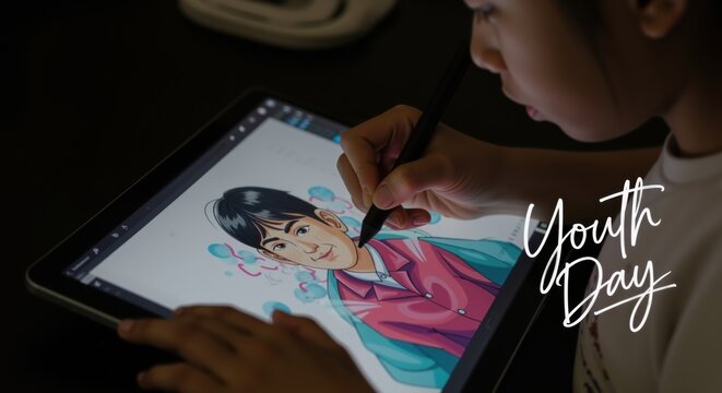 Young woman creating digital art on a tablet with a stylus. Digital illustration and graphic design concept for International Youth Day.