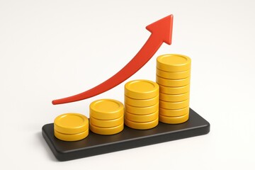 Poster - Financial Growth: The upward trajectory of finances, symbolized by a rising arrow and increasing stacks of golden coins, represents the concept of progress.