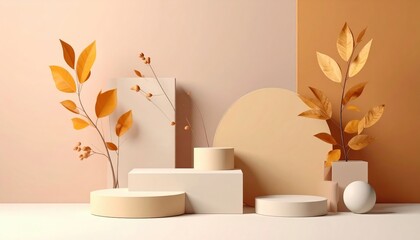 Poster - Stylish minimalist arrangement of golden leaves and sculptural forms indoor studio still life photography warm tones close-up view artistic concept