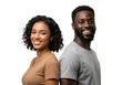 © Laki - A happy african american couple, a man and a woman, smile warmly while standing back to back, isolated on white isolated on transparent background