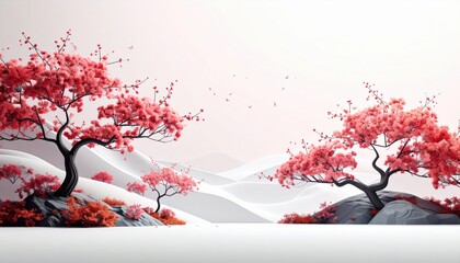 Poster - Blossoming cherry trees serene landscape digital artwork tranquil environment wide view nature's beauty