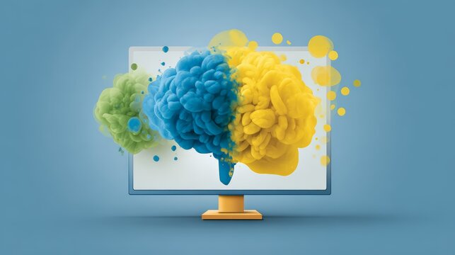 Colorful smoke clouds bursting from a computer monitor on a blue background.