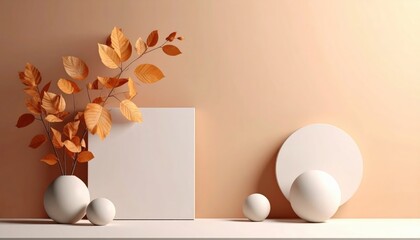Poster - Decorative still life arrangement featuring autumn leaves and geometric shapes minimalist studio art photography warm tones close-up modern aesthetic