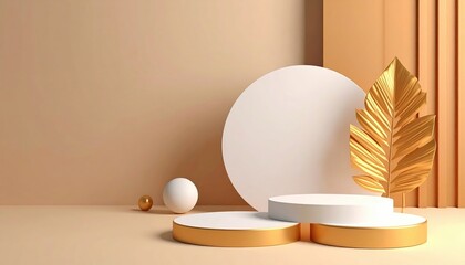 Poster - Artistic display of golden leaf and circular shapes in minimalist studio setting modern design aesthetics soft color palette