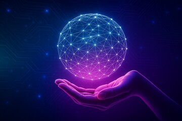 Poster - Metaverse Technology concepts. Woman hand holding global network connection. Internet communication, Wireless connection technology. Futuristic technology with polygonal shapes.