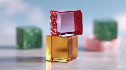 Poster - Close up of stacked red and gold translucent cubes on a textured surface with blurred colorful cubes in the background