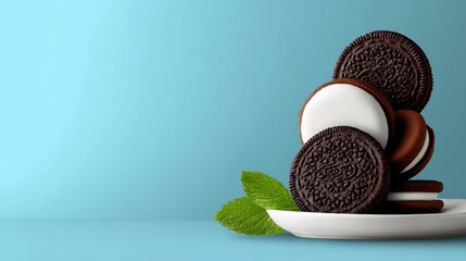 Poster - Plate of Oreo cookies with a green leaf on top. The plate is white and the background is blue