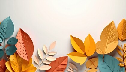 Poster - Autumn leaves arrangement nature digital art minimalistic background top-down view seasonal colors for graphic design