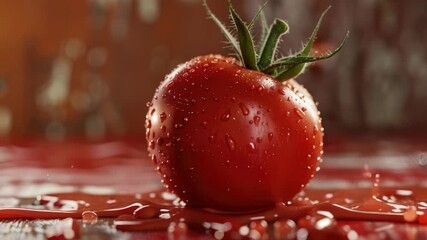 Poster - A juicy red tomato with tiny water droplets glistening on its surface