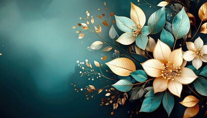 Poster - Elegant floral arrangement displaying golden and teal leaves artistic design studio setting close-up view nature inspired aesthetic