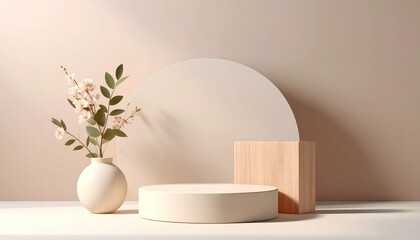Poster - Minimalist still life arrangement with vase and geometric shapes modern interior photography neutral tones close-up view contemporary art concept