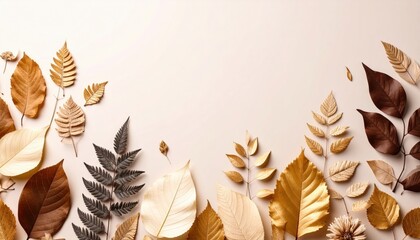 Poster - Autumn leaf arrangement nature flat lay organic elements minimalist background seasonal change