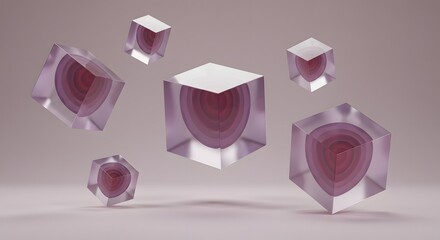 Poster - Several transparent cubes with concentric shapes inside, floating in a soft, muted background. The shapes inside are shades of red and pink.