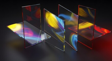 Fototapete - Four transparent glass panes stand vertically, each reflecting and refracting colorful abstract light patterns on a dark surface.