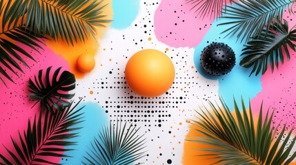 Leinwandbilder - Colorful Abstract Background with Tropical Leaves and Spherical Objects