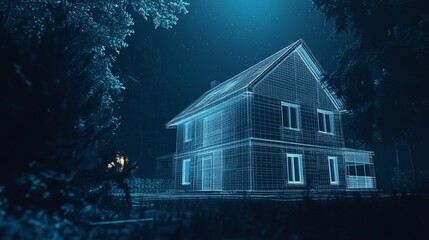 Poster - A digital rendering of a two-story house in a forest under a dark, starry sky