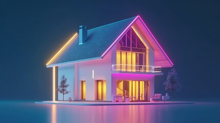 Poster - Modern House with Neon Lighting on a Reflective Surface at Night 3D Render