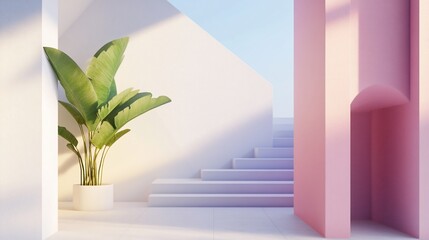Poster - Minimalist architectural scene featuring pink archway white staircase and green potted plant