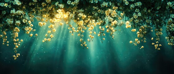 Wall Mural - Sun rays through flowers, a serene turquoise ambiance with floating sparkles