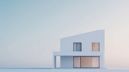 Poster - Minimalist white modern house with a subtle gradient sky background in soft hues