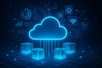 Poster - Digital informational technology web futuristic hologram with cloud icon, blue golden light digits and code background, cloud computing. Abstract Motion of digital data flow.