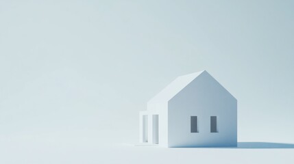 Poster - Minimalist white house model with gabled roof and simple window openings on light blue background