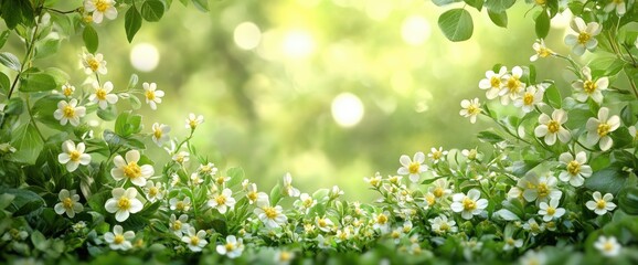 Wall Mural - Floral Small white flowers bloom amidst green foliage against a soft, bokeh background