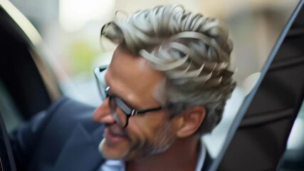 Poster - A man in a suit and glasses is smiling and posing for a picture. He is standing in front of a car and he is happy and confident