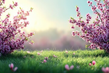 Wall Mural - Blooming paradise Pink blossoms frame green grass under a sunny sky