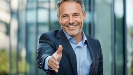 Poster - A man in a suit is smiling and looking at the camera. He is wearing a blue jacket and a blue shirt