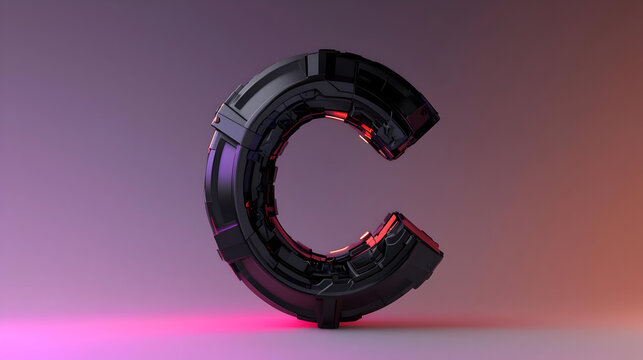 Bold, futuristic capital letter C with dark gray, angular, segmented design, illuminated by vibrant pink and purple lights on a muted background.  Detailed inner structures visible