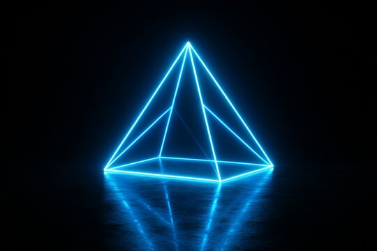 Geometric Futuristic Sci-fi Neon Primitive Pyramid Light On Dark Grunge Concrete Surface 3D Rendering