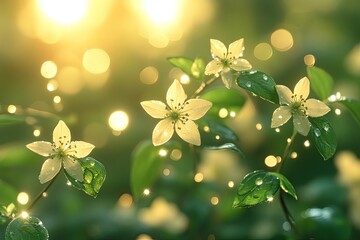 Wall Mural - Dogwood blossoms sparkle in bright, soft light; wet leaves