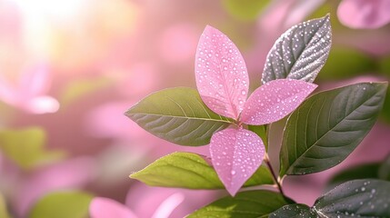 Wall Mural - Pink leaves sparkle with dew, amidst green leaves, creating a gentle, soft, and refreshing scene