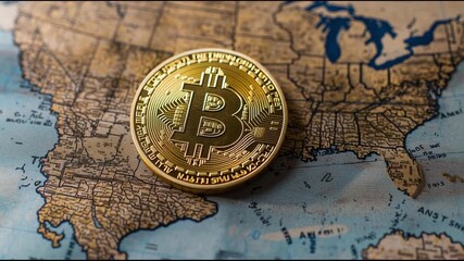Poster - A bitcoin coin resting on a map highlighting the importance of crypto exchange security in various regions worldwide. Bitcoin on World Map – Animated Video Version