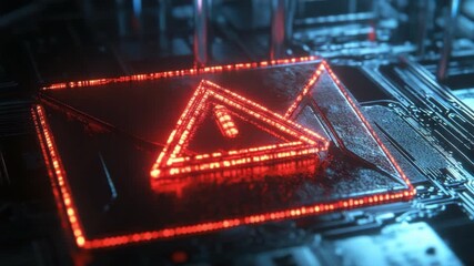 Poster - Futuristic Red Warning Sign on Digital Circuit Background with Neon Elements and High-Tech Design