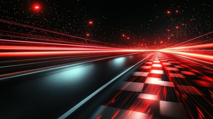 Poster - Futuristic checkered road with light trails and a starry sky, creating a sense of speed and innovation, ideal for technology concepts