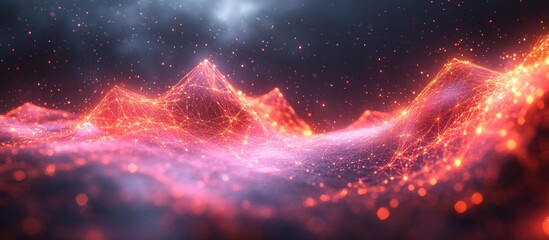Leinwandbilder - Abstract Network Landscape, Glowing Nodes and Connection in Digital Space