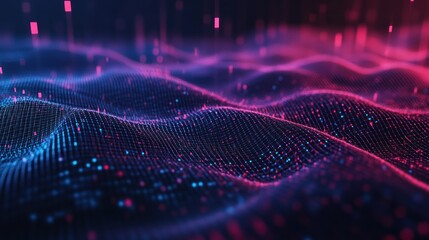 Leinwandbilder - Abstract Digital Landscape with Glowing Particles and Wavy Grid for Background