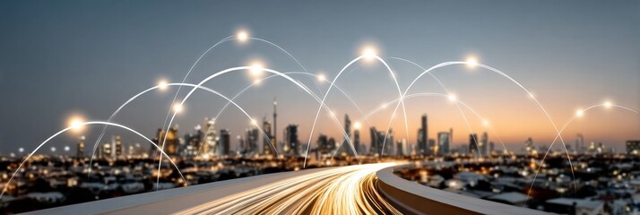 Poster - Digital Innovation and Smart Connectivity in a Modern Futuristic Cityscape at Dusk and Night