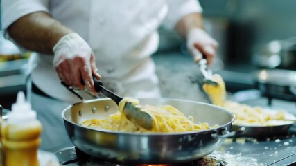 Aufkleber - A chef cooks spaghetti in a large wok, with utensils and ingredients nearby