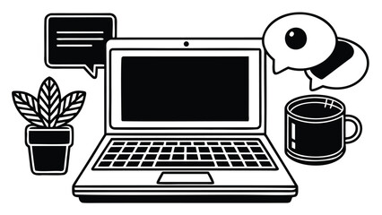 Leinwandbilder - Illustration of a laptop with a plant coffee cup and speech bubbles in black and white style view