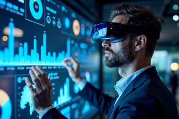 Poster - Entrepreneur using advanced augmented reality technology to analyze live data on virtual dashboard surrounded by holographic charts and graphs